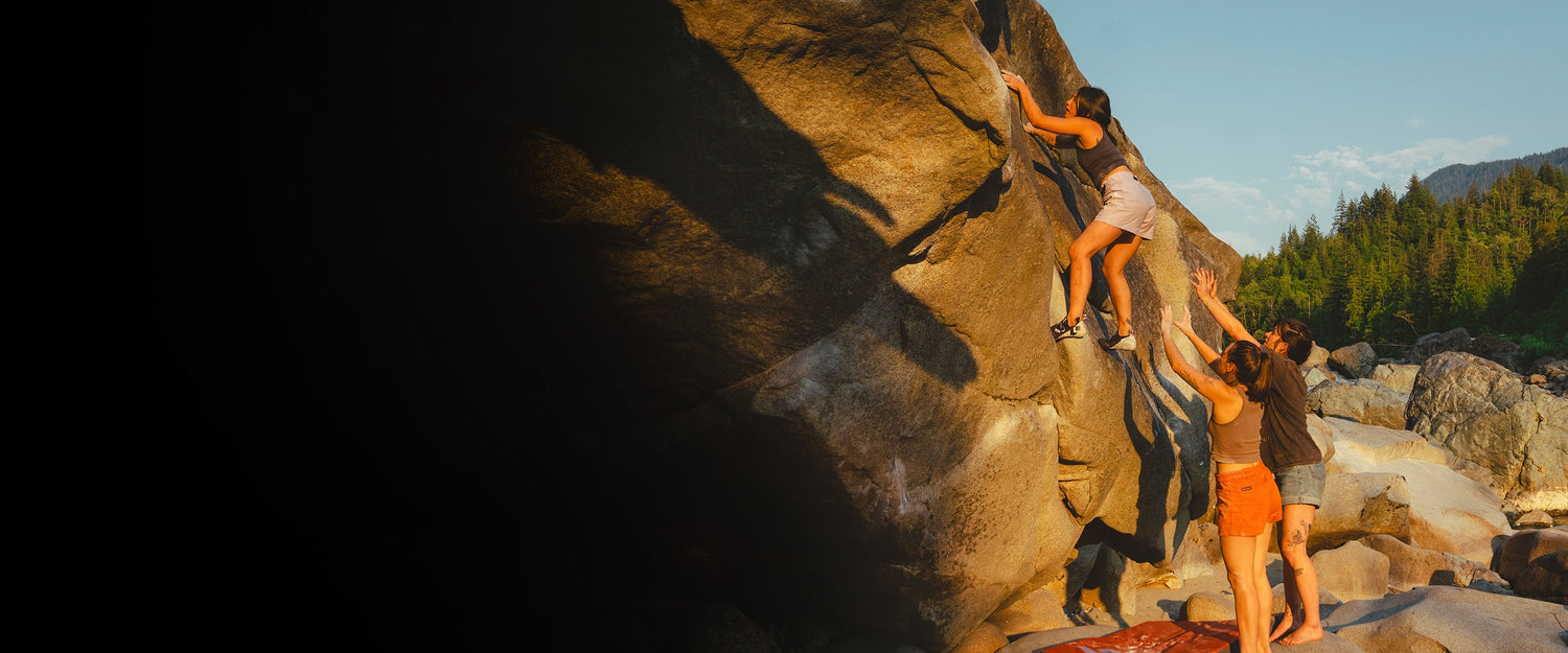 A group of climbers bouldering in Mazama, WA